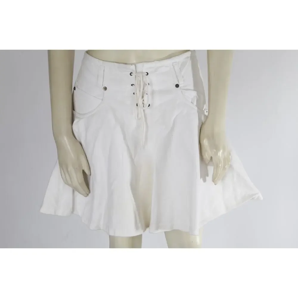 Vintage Contempo Casuals 90s White Lace-Up Front Drop-Waist Flare Mini Skirt S